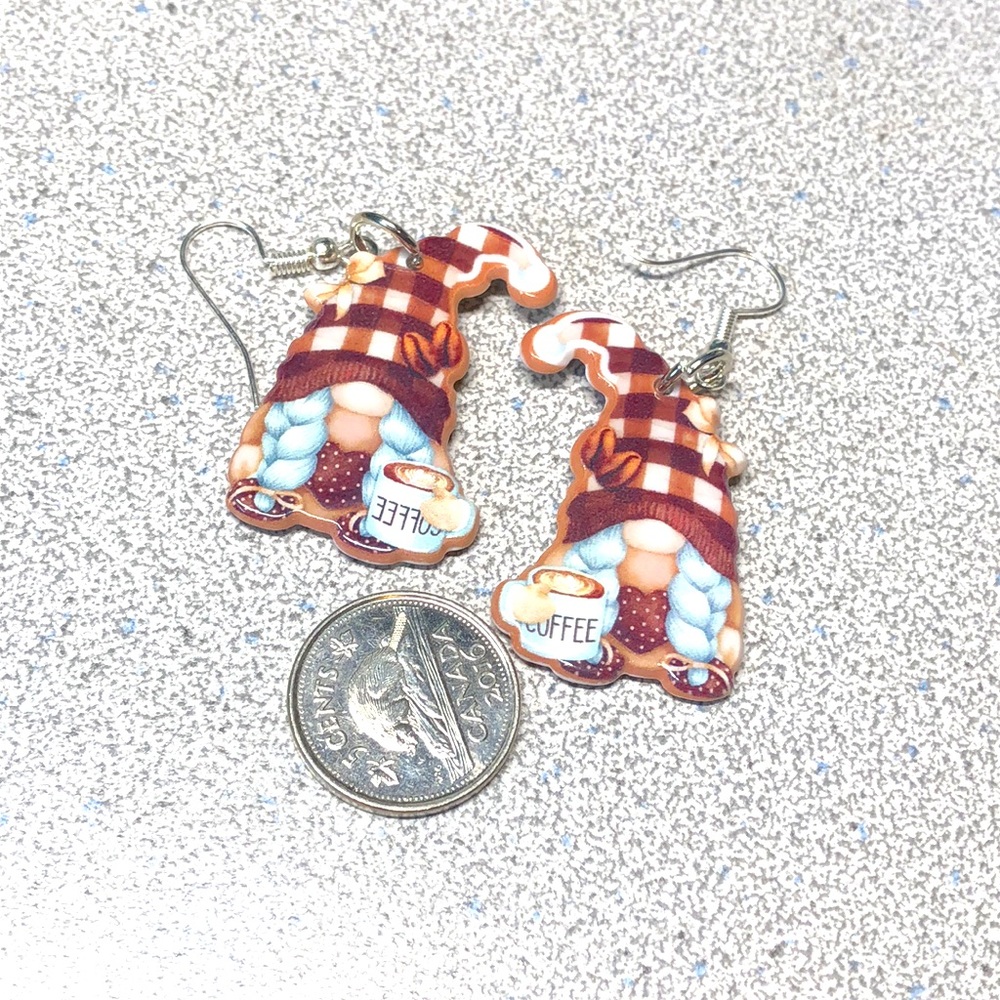 2/20 Time for coffee? Double sided lumber Jack/plaid gnome earrings -adorable!